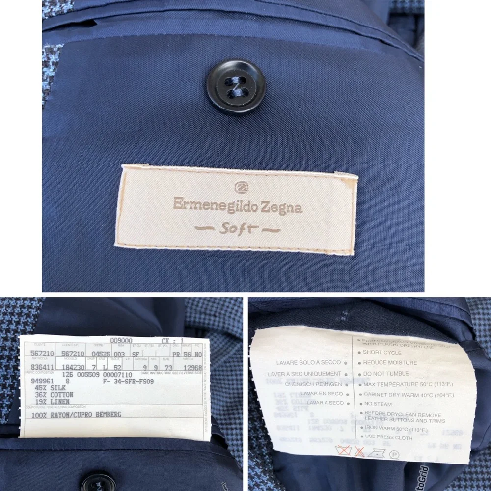 Ermenegildo Zegna Soft Switzerland Tweed Silk Cotton Linen Blend Blue Jacket 52L